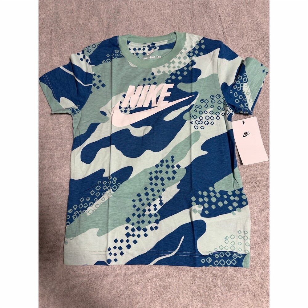 Nike Boys T-Shirt Youth 7 Blue Green Camo Logo Graphic Short Sleeve - Picture 2 of 5